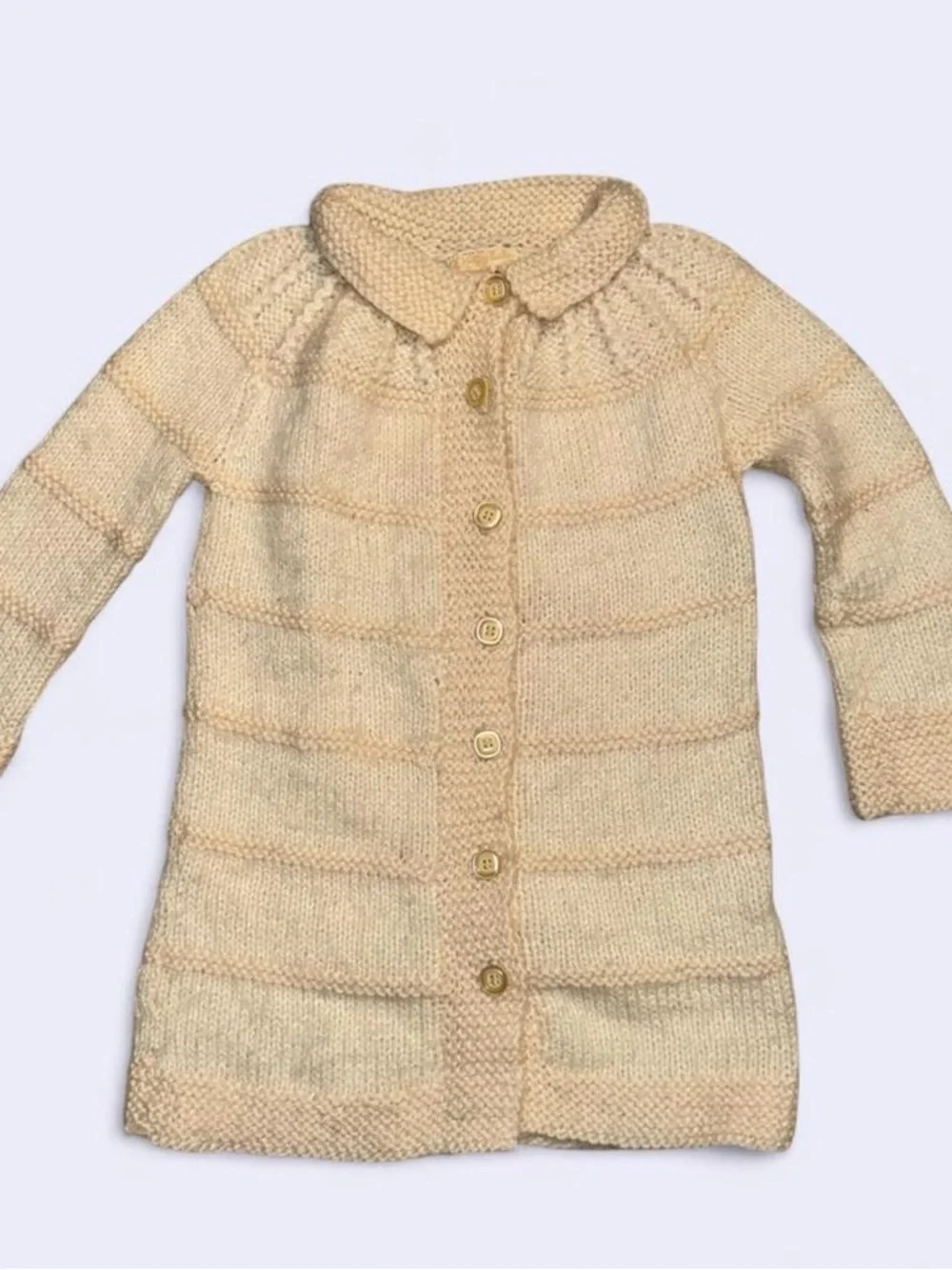 Vintage Hand Knit Kids Sweater Dress Cardigan Cream Button Front Cottagecore